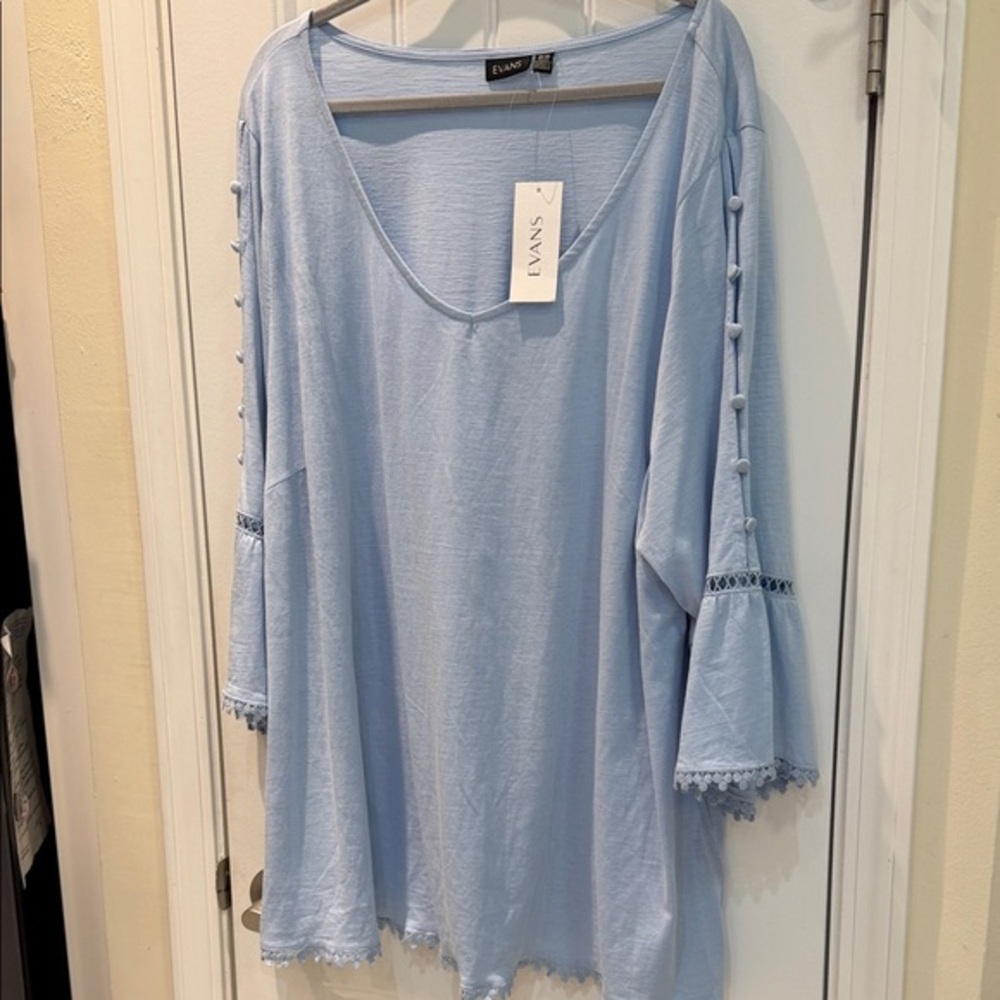 Evans Pale Blue‎ V-Neck Button-Sleeve Tunic 26/28 chest 54 length 33 5125